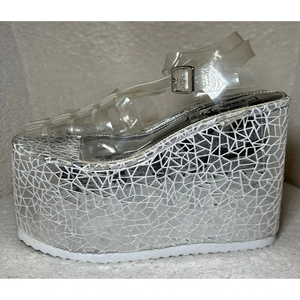 Dolls Kill  Platform Shoes 7.5 8 Silver Sandals Club Rave Party Goth Punk Chunky